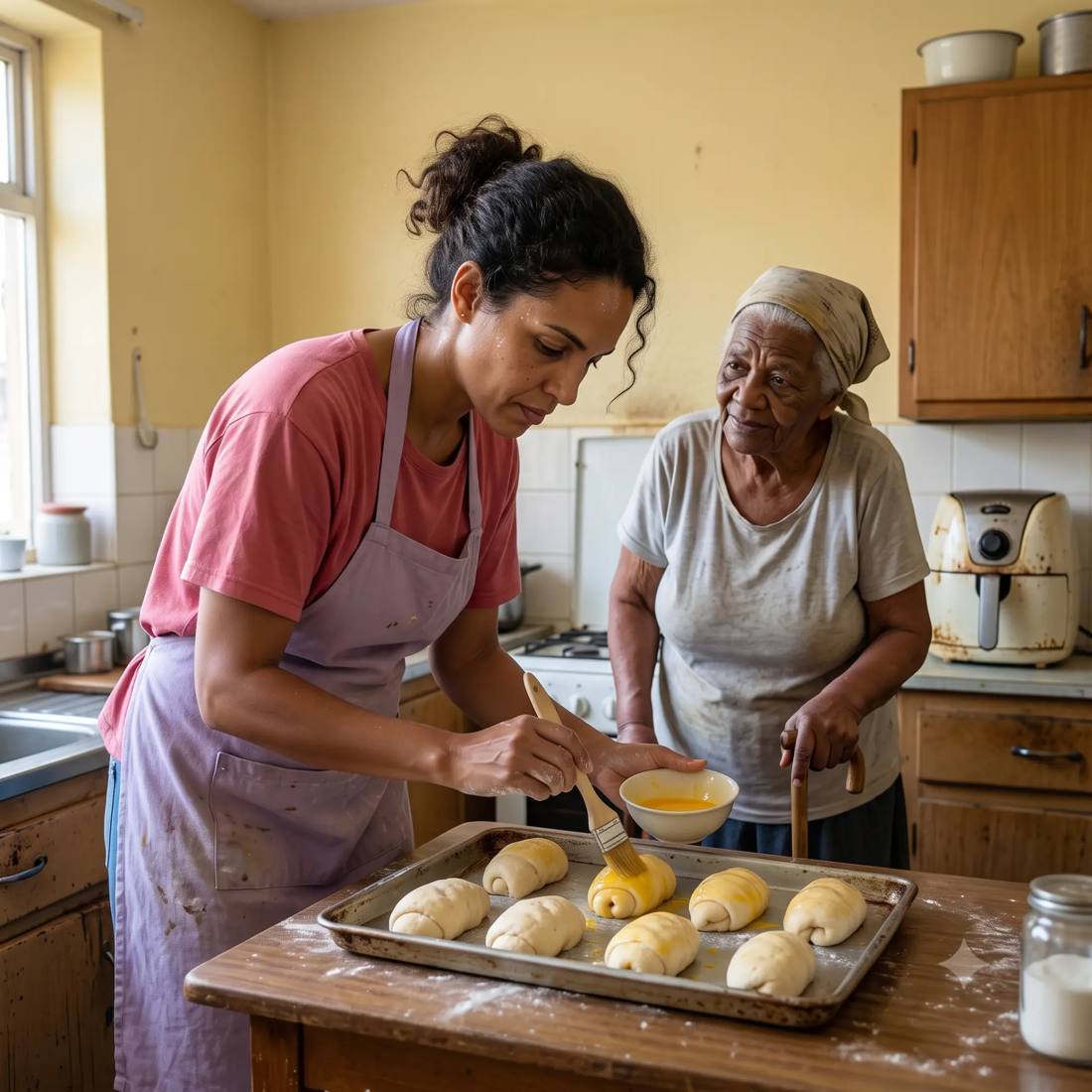 Duas mulheres cozinhando juntas: uma pincela ovo em pães de uma assadeira enquanto a mais velha acompanha o preparo